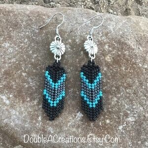 Beaded Feather Earrings in Turquoise Gray and Black, New, Handmade by Me